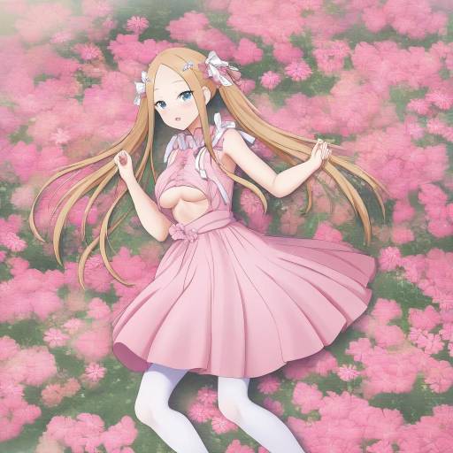 Anime Girl in Pink Dress Lying in Flower Field
