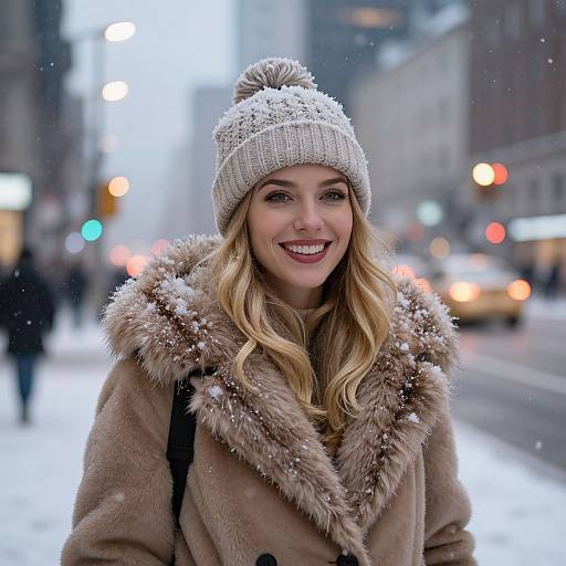 Photograph of a smiling blonde woman in a beige knit beanie and fur-trimmed coat, standing in a snowy urban street with blurred city lights