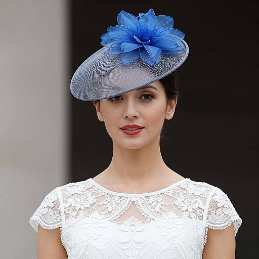 Photograph of a fair-skinned woman with dark hair, wearing a white lace dress and a blue fascinator with large flower, against a dark background