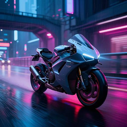 Neon-lit, rainy city night: sleek, blue motorcycle with glowing headlights speeds on wet road, surrounded by vibrant pink and purple neon signs.