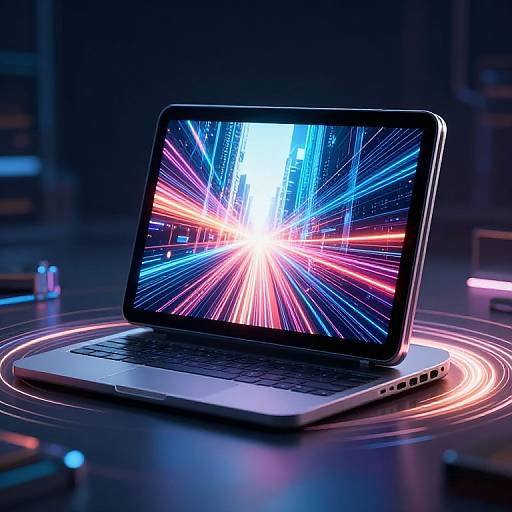 Photograph of a silver laptop on a dark surface, glowing neon lights on the screen and circular patterns beneath, in a dimly lit room.