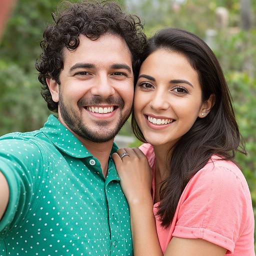 Photograph of a smiling couple with curly dark hair and medium skin, the man in a green polka-dot shirt, the woman in a pink shirt
