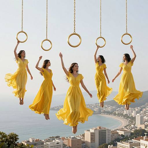 Photograph of five women in flowing yellow dresses, suspended mid-air on golden rings, overlooking a coastal cityscape with mountains and ocean.