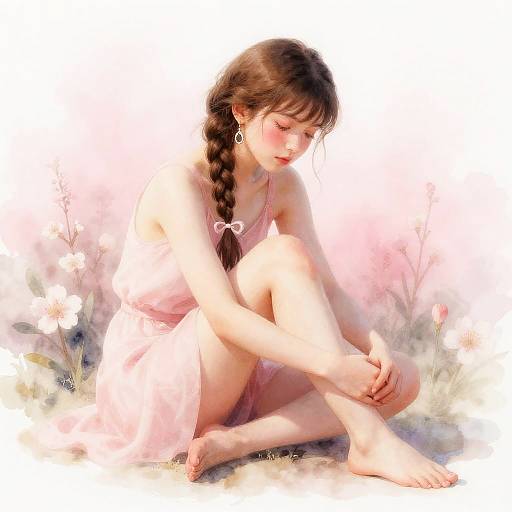 Wistful Girl Sitting with Braided Hair