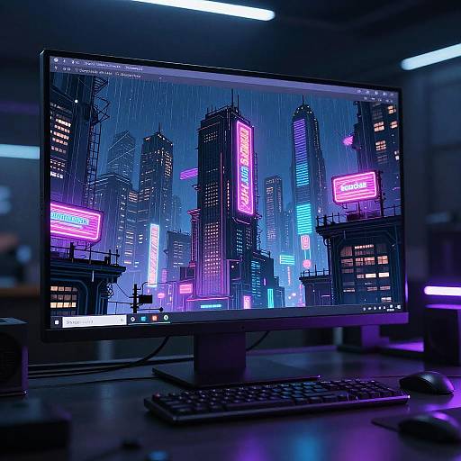 Neon-lit cyberpunk cityscape on computer monitor, featuring vivid pink, blue, and purple skyscraper lights against a rainy night. Photoreal