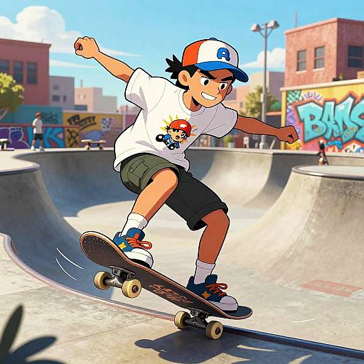 Colorful digital artwork of a young boy with black hair, wearing a white T-shirt, black shorts, and a red-white-blue cap, skateboarding