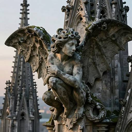 Photograph of a detailed, weathered stone gargoyle with intricate wings and curly hair, crouching on a Gothic cathedral spire, set