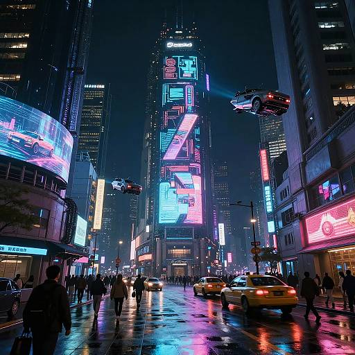 Neon-lit, rainy urban street scene in a futuristic city, bustling with people, cars, and towering skyscrapers illuminated by vibrant, colorful