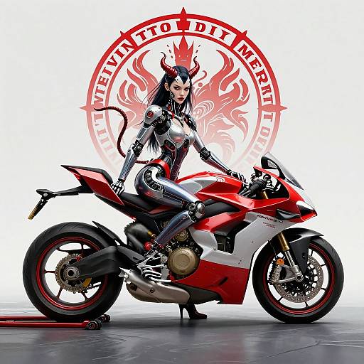 Digital artwork of a devilish woman with black horns, leather suit, and long black hair, posing on a red and white sport motorcycle, with 