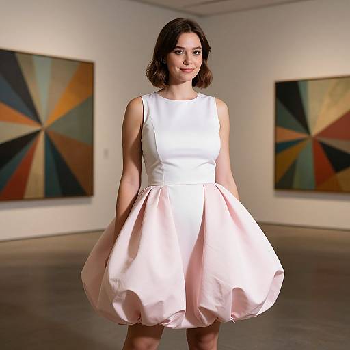 Photograph of a young woman with shoulder-length brown hair in a sleeveless, white bodice and pink, flared skirt standing in an art gallery