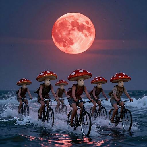Mushroom-Headed Cyclists Under Blood Moon