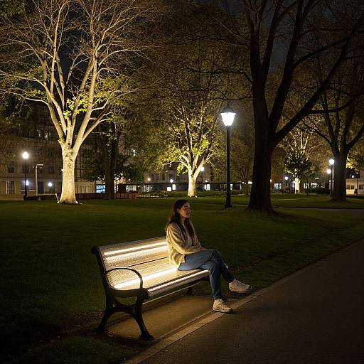 Photograph of a woman with long brown hair, wearing a beige jacket and blue jeans, sitting on a lit park bench at night, surrounded by illuminated