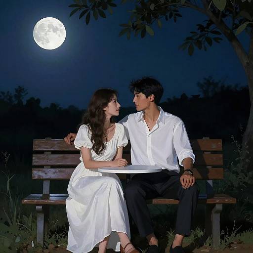Photograph of a couple sitting on a wooden bench at night, under a bright full moon, with dark blue sky and silhouetted trees,