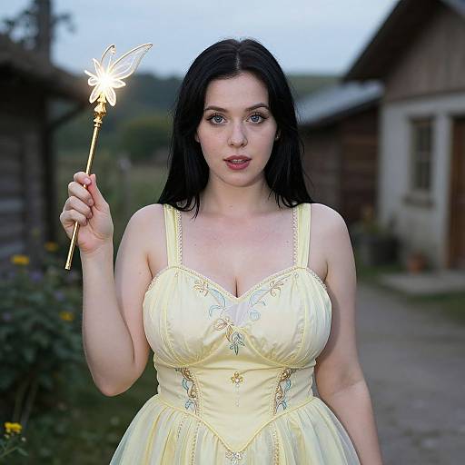 Photograph of a fair-skinned woman with black hair, large breasts, wearing a yellow fairy dress, holding a glowing fairy wand, in a blurred