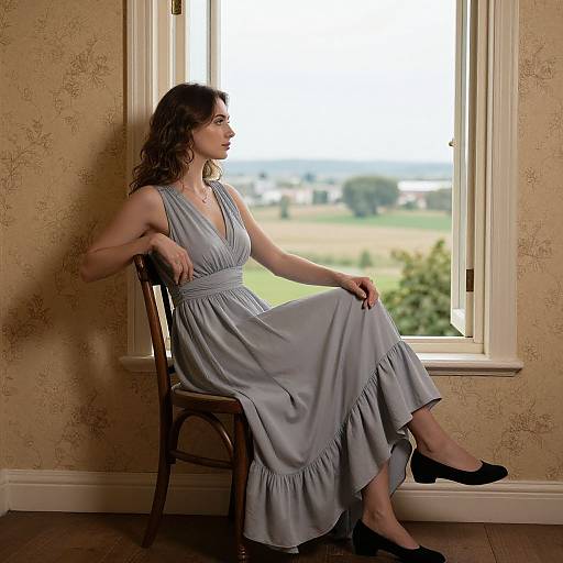 Photograph of a curly-haired woman in a light blue, sleeveless dress, sitting on a chair by a window, gazing outside. She wears