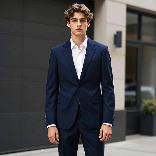 Photograph of a young man with wavy brown hair, wearing a dark navy suit and white shirt, standing in front of a modern building with black