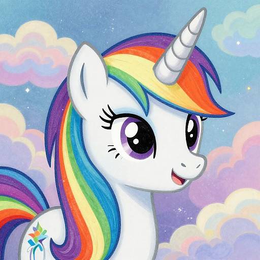 Digital illustration of a white unicorn with a rainbow mane and tail, large purple eyes, and a smiling expression, set against a cloudy, pastel-colored