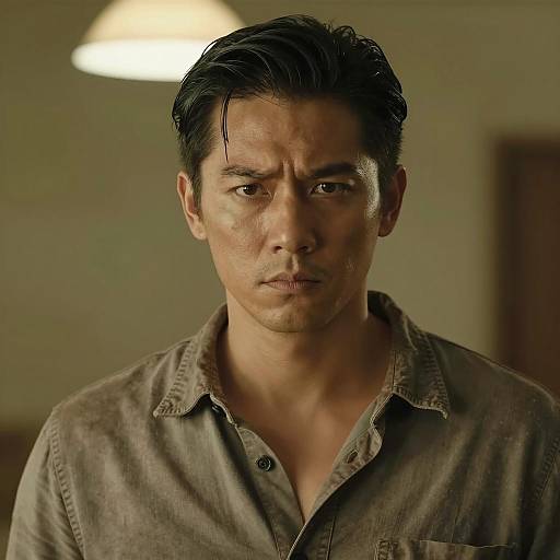 Serious man with dark slicked-back hair