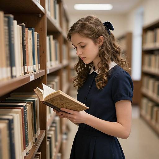 Photograph of a young woman with curly brown hair, wearing a navy blue dress with a white collar, reading a book in a well-lit library