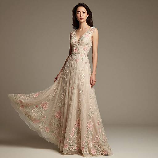 Photograph of a fair-skinned woman with dark hair wearing a flowing, beige, V-neck ball gown adorned with pink floral embroidery, standing against a