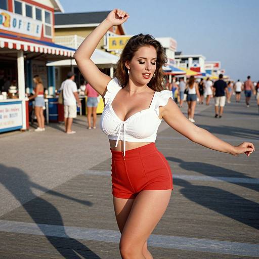 Photograph of a smiling woman with wavy brown hair, white crop top, and red high-waisted shorts, dancing on a sunny boardwalk