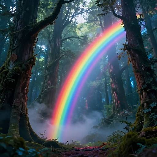 Photograph of a vibrant rainbow arching through a dense, misty forest with towering, moss-covered trees and lush greenery.