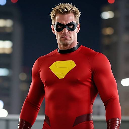 Photograph of a muscular, blonde man in a red Superman costume with a yellow 