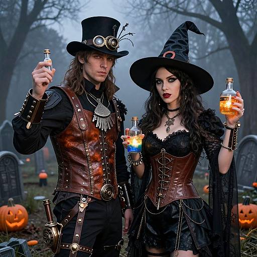 Photograph of a Gothic couple in Victorian steampunk attire, holding glowing bottles, with Halloween-themed graveyard background and carved pumpkins.