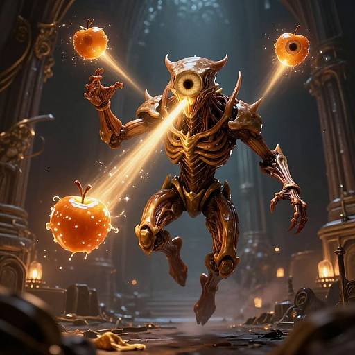 CGI fantasy image of a horned, skeletal, glowing-eyed monster levitating in an ornate, dimly-lit cathedral, conjuring fiery