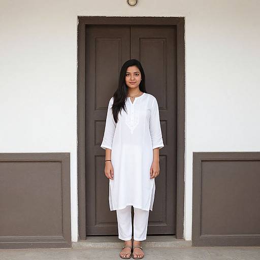 Photograph of a young South Asian woman with long black hair, wearing a white traditional kurta and pants, standing in front of a dark brown door