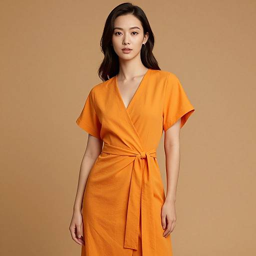 Photograph of an Asian woman with long black hair, wearing a bright orange wrap dress with short sleeves, standing against a plain beige background.
