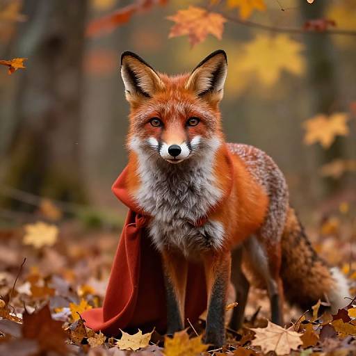 Photograph of a red fox with vibrant orange fur, white facial markings, and a red cloak, standing amidst autumn leaves in a forest.