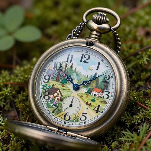 Photograph of an antique pocket watch with a scenic countryside dial, featuring houses, trees, and numbers, resting on moss.