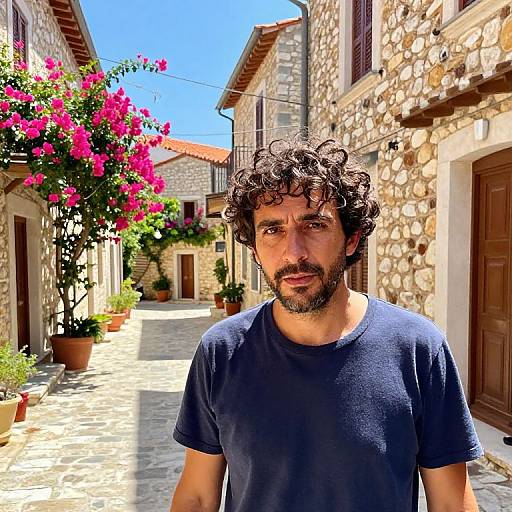 Photograph of a curly-haired, bearded man in a navy t-shirt standing in a sunlit, cobblestone alley with stone buildings and vibrant