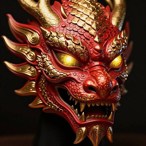 Photograph of a vividly detailed, red and gold dragon mask with fierce yellow eyes, sharp teeth, and intricate scales, set against a dark background
