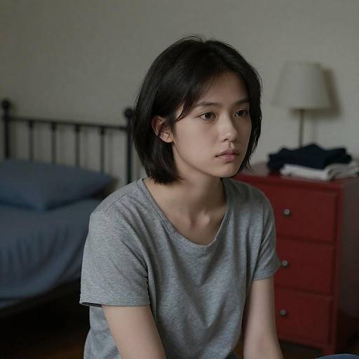Young Woman Sitting in Dimly Lit Room