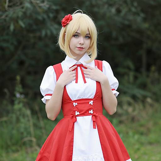 Photograph of a blonde woman in a red and white dress, white blouse with red bow, red suspenders, red flower in hair, standing outdoors
