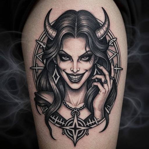 Black and gray tattoo of a demonic woman with horns, long wavy hair, sharp teeth, and pentagram necklace, set against a circular pattern.