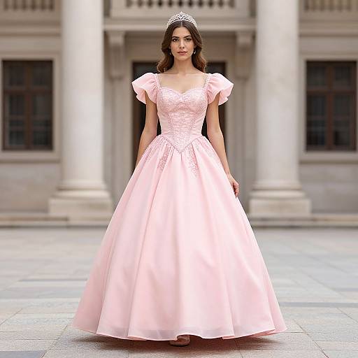 Photograph of a young woman in a pink, full-length, puffed-sleeve ball gown with lace detailing, wearing a silver tiara,