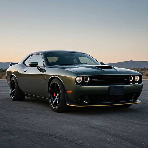 Photograph of a sleek, dark green Ford Mustang with black wheels and yellow accents, parked on a desert road at sunset.