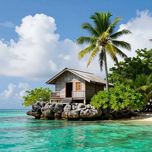 Photograph of a small wooden beach hut on a tropical island with turquoise water, surrounded by rocks, palm tree, and lush greenery under a bright