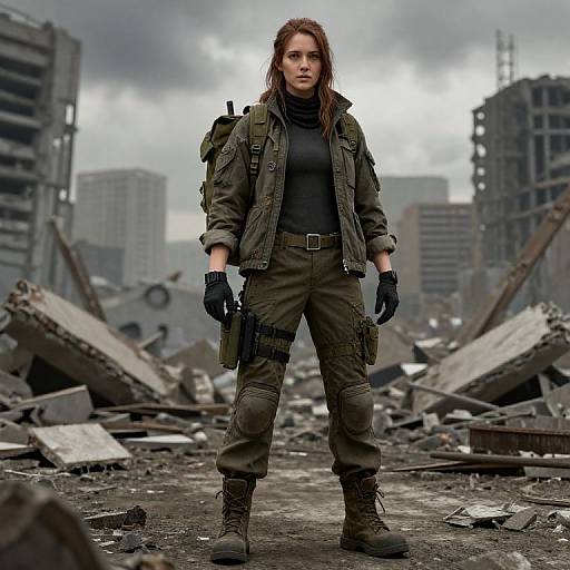 Photograph of a determined, red-haired woman in military gear, standing in a ruined, rubble-filled urban landscape under a cloudy sky.