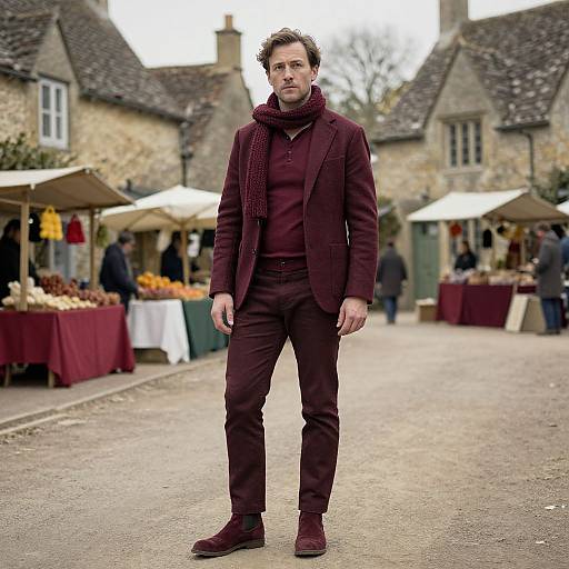 Photograph of a man in a maroon suit, scarf, and boots standing in a quaint, outdoor market with stone buildings and market stalls in the