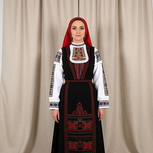 Photograph of a woman with red headscarf, wearing a black dress with intricate red embroidery over a white embroidered blouse, standing against beige curtains.