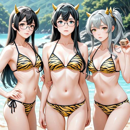 Anime Girls in Tiger Print Bikinis on Beach