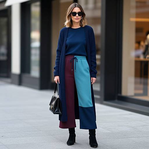 Photograph of a stylish woman in dark sunglasses, black cardigan, blue and maroon high-waisted pants, black boots, holding a black
