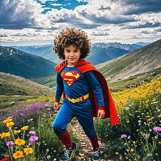 Boy in Superhero Costume on Mountain Trail