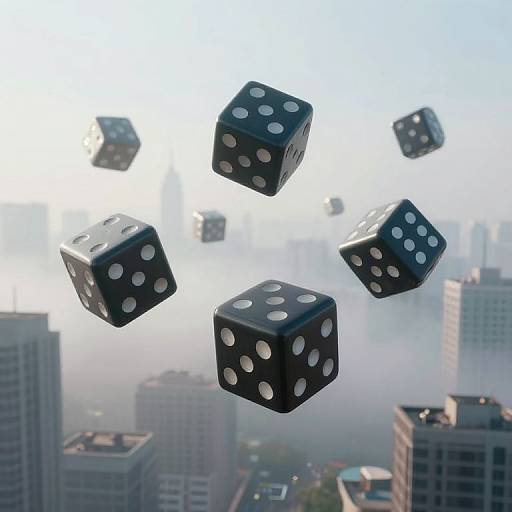 Photorealistic CGI of floating black dice with white pips against a cityscape background, partially shrouded in mist. Skyscrapers visible
