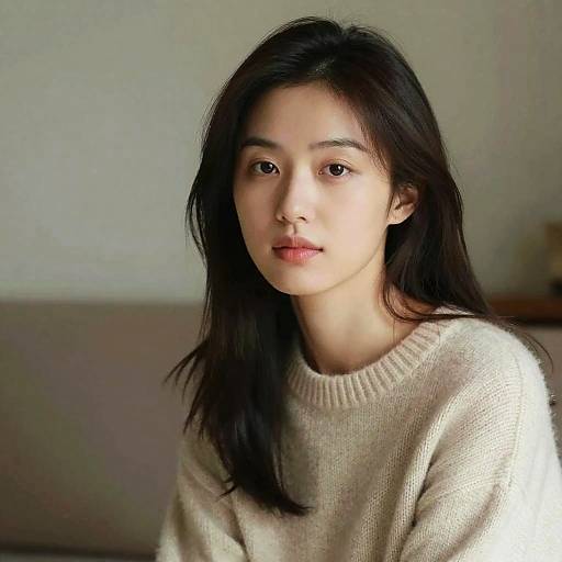 Photograph of an East Asian woman with long black hair, wearing a cream knit sweater, sitting indoors against a neutral background.