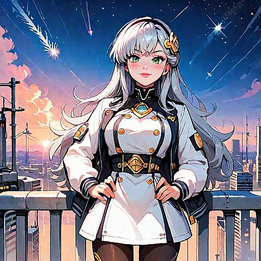 Anime Girl in Sci-Fi Cityscape at Sunrise